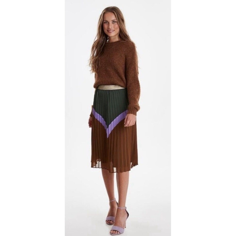 Ichi Antiques Midi Skirt Women's Color block Pleated Purple Brown size small